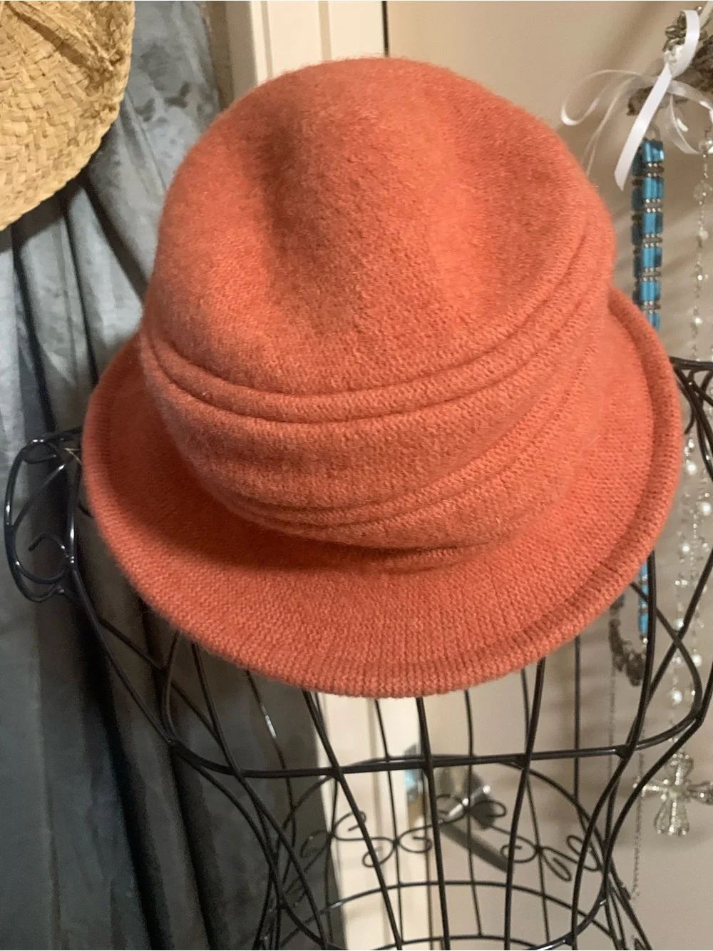 Womens Wool Cloche Hat with Rosette Detail - Rust